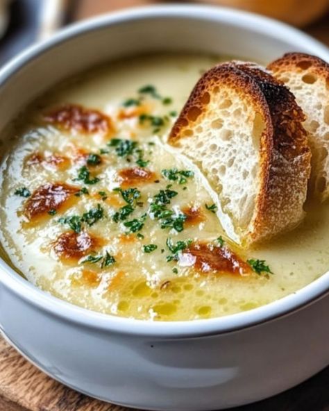 RecipesEpic Family | Country French Garlic Soup  | Facebook French Country Garlic Soup, Country Fresh Garlic Soup, French Garlic Soup, Country French Garlic Soup, Easy Homemade Soups, Cozy Recipes, French Soup, Homemade Soups, Soups Stews Chilis