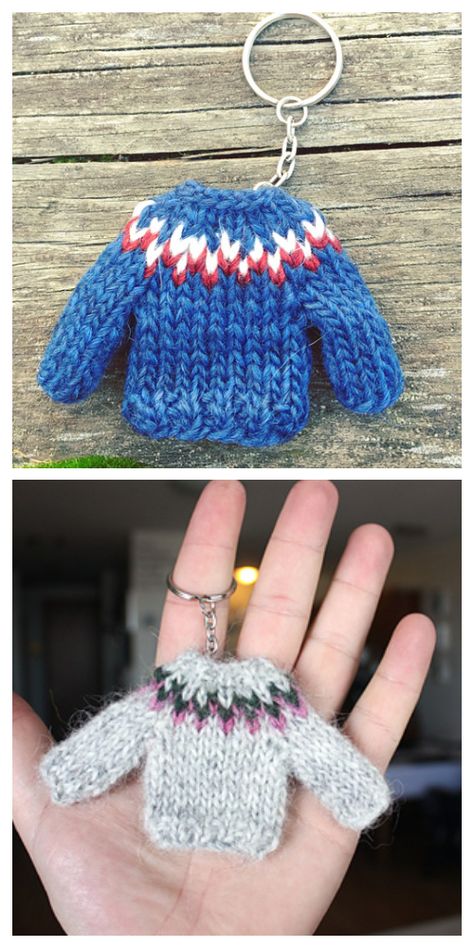 Knit Mini Sweater Keychain Free Knitting Pattern - Knitting Pattern Knit Sweater Ornaments Free Pattern, Crochet Sweater Keychain, Mini Sweater Knitting Pattern, Mini Sweater Crochet, Knit Keychain Pattern Free, Miniature Knitting Patterns Free, Knit Keychain, Knitting Keychain, Knitted Keychain