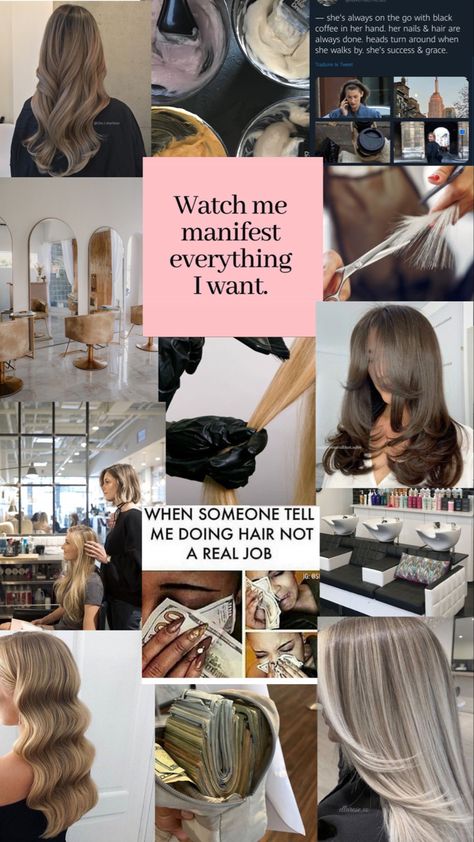 Hairdresser Lifestyle, Hairstylist Manifestations, Cosmetology Salon Ideas, Mood Board Cosmetology, Vision Board For Hairstylist, Salon Dream Board, Cosmetology Career, Hairstylists Aesthetic, Cosmetology Portfolio Ideas