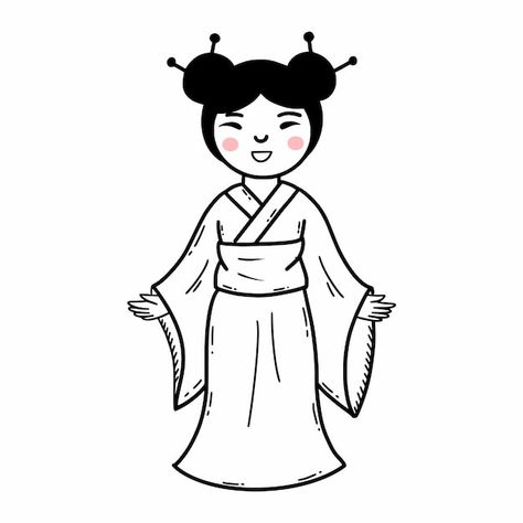 Vector japanese girl in kimono beautiful... | Premium Vector #Freepik #vector #japanese-cartoon #japanese-character #traditional-clothes #doodle-people Kimono Art Design, Japanese Kimono Drawing, Kimono Design Drawing, Traditional Clothing Drawing, Kimono Cartoon, Clothes Doodle, Japanese Doodles, Kimono Illustration, Kimono Drawing