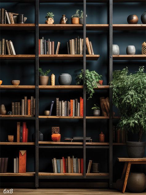 Modern Library with Greenery Photography Backdrop - A modern bookshelf filled with books Mixed Wood Tones Office, Library Meditation Room, Floating Shelves Library Wall, Modern Library Aesthetic, Dark Home Library, Dark Library Room, Dark Green Bookshelf, Painted Built In Bookshelves, Library Modern Design