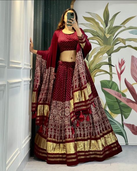 *🌷Lehenga Choli🌷* Raise up your style with this Ravishing gaji silk lehenga to vibrant your look at wedding and navratri *Lehenga(Stitched)* Lehenga Fabric : Pure Gaji Silk Lehenga Work : AKRAKH PRINT Waist : SUPPORTED UP TO 42 Lehenga Closer : Drawstring With Zip Stitching : Stitched With Canvas and attached with Can Can Length : 41 Flair : 3.40 Meter *Blouse(Unstitched)* Blouse fabric : Pure Ajrakh Gaji Silk Blouse Work : Ajrakh block print Blouse Length : 1 Meter *Dupatta* Dupatta Fa... Block Print Blouse, Bandhej Lehenga, Zip Stitching, Garba Outfit, Choli Dress, Cotton Lehenga, Full Sleeve Blouse, Navratri Chaniya Choli, Lengha Choli