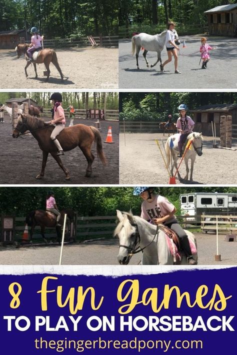 Looking for a fun game to play on horseback? There are a bunch of great games that are so much fun to play while riding!  Games make great skill building activities to use during lessons, at camp, or even as horse show classes. Check out our blog post where we have listed and described 8 different mounted games that you can play with any age, just about any ability level. #horses #ponies #equestrian #thegingerbreadpony Horse Riding Activities, Riding School Ideas, Hippotherapy Activities, Pony Club Activities, Horse Games For Kids, Fun Horse Riding Games, Horse Diy Ideas, Riding Lesson Ideas, Horse Camp Ideas