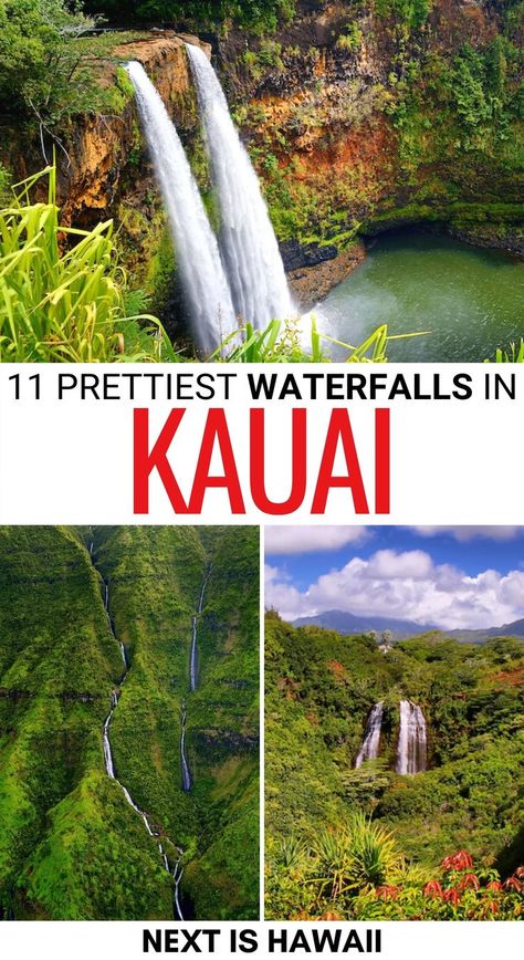 There are several impressive Kauai waterfalls - some accessible and some not. These are some of the prettiest waterfalls in Kauai with information on how to get there! | Places to visit in Kauai | Waterfalls in Hawaii | Hawaii waterfalls | Kauai things to do | Kauai hiking | Waterfall hikes in Kauai Kauai With Kids, Kauai Honeymoon, Kauai Waterfalls, Kauai Itinerary, Kauai Activities, Hawaii Waterfalls, Things To Do In Kauai, Hawaii Trip Planning, Kauai Travel