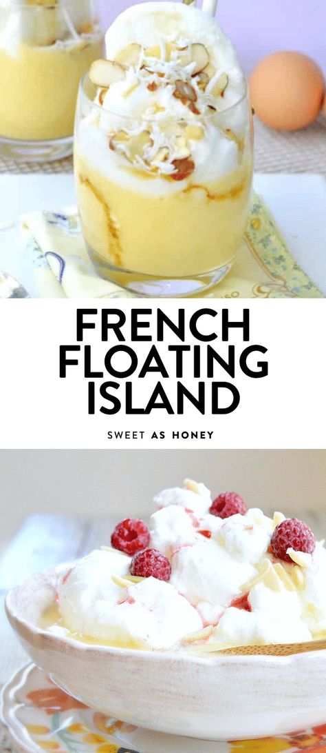 An easy 4-ingredients Floating Island Dessert recipe with fluffy, sweet poached meringue floating on a creamy vanilla custard. A dreamy French dessert for French recipe lovers. Floating Dessert, Healthy French Desserts, Simple French Desserts, Poached Meringue, Floating Island Recipe, Classic French Dessert Recipes, Easy French Desserts Simple, Custard Recipes Desserts, Easy French Desserts