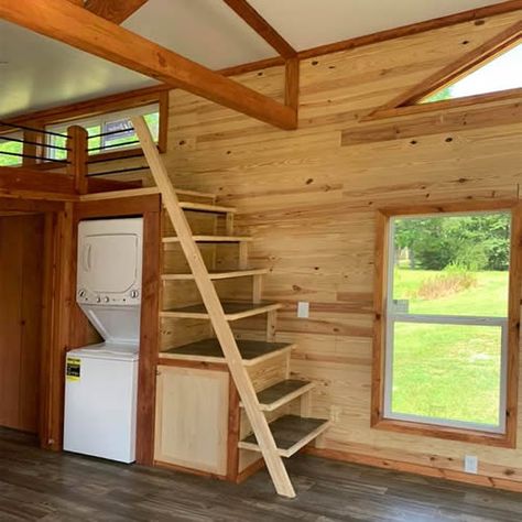 Tiny Cabin Stairs, Washer Under Stairs, Cabin Loft Stairs, Washer And Dryer Under Stairs, Cabin Stairs To Loft, Small House Stairs, Tiny House Washer And Dryer, Rustic Tiny House Cabin, Small Cabin Kitchens