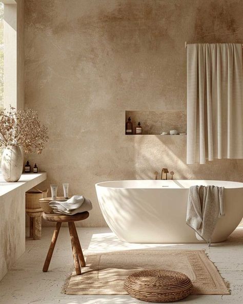 Curated Bathroom, Wall Panels Ideas, Concrete Wall Panels, Textured Wall Panels, Zen Bathroom, Bathroom Wall Panels, Minimalist Bathroom, Contemporary Interior Design, Bath Tub