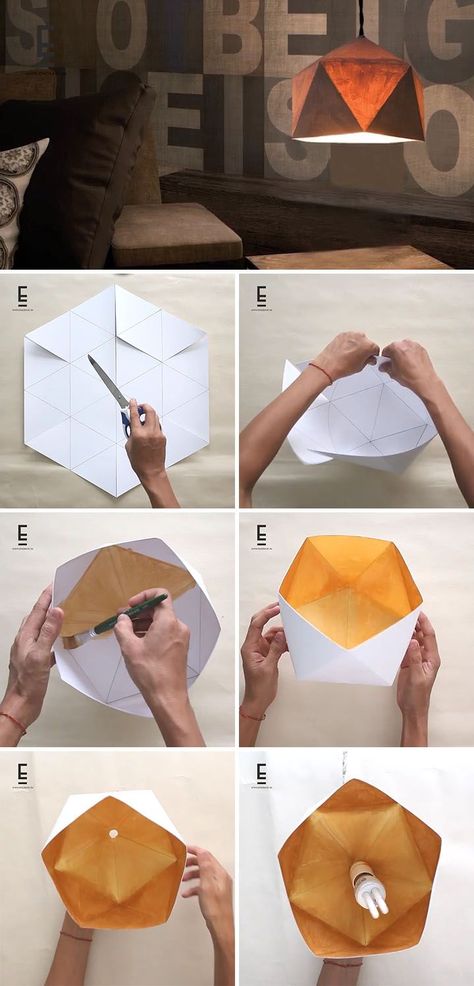 Here's an easy DIY Geometric Paper Lampshade for those who enjoy origami-inspired geometric modern home decor #Lamp Origami Návody, Diy Origami Decor, Diy Origami Home, Diy Origami Home Decor, Origami Lights, Origami Home Decor, Origami Lampshade, Origami Lamp, Instruções Origami