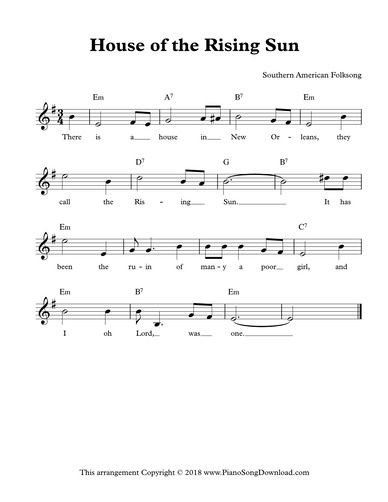 House of the Rising Sun, free lead sheet with melody, lyrics and chords. Easy Piano Songs Sheet Music, Learn Piano Chords, Piano Songs Sheet Music, Keyboard Sheet Music, Piano Notes Songs, Trumpet Sheet Music, Piano Music Lessons, Easy Piano Songs, House Of The Rising Sun