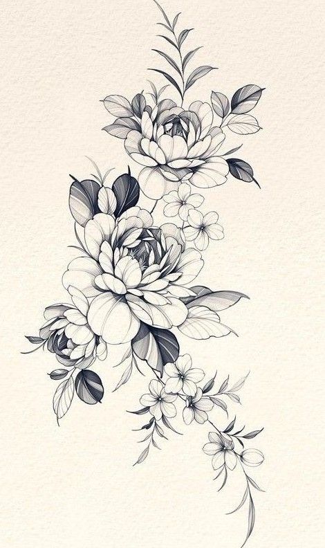 Flower Line Tattoo Design, Big Floral Tattoo Design, Realistic Peony Tattoo Black And White, Dainty Floral Tattoos For Women, Peony Ink Drawing, Peony Tattoo On Arm, Flower Hand Tattoo Stencil, Fine Line Tattoo Peony, Flowers And Sun Tattoo