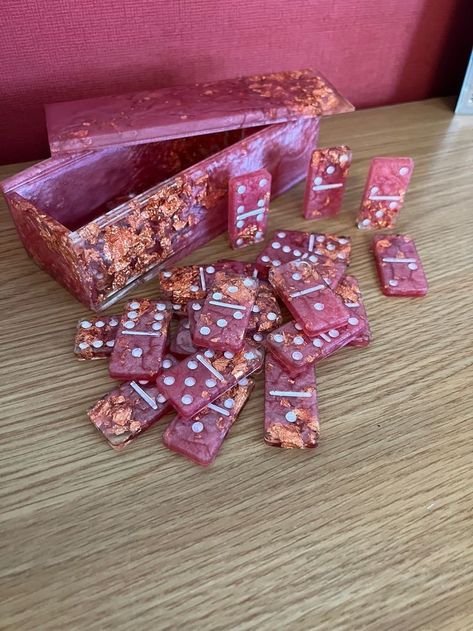 Custom Dominoes Set Resin, Dominos Resin, Resin Games, Resin Dominos, Dominos Box, Resin Dominoes, Custom Dominoes, Rose Gold Leaf, Cute Diy Room Decor