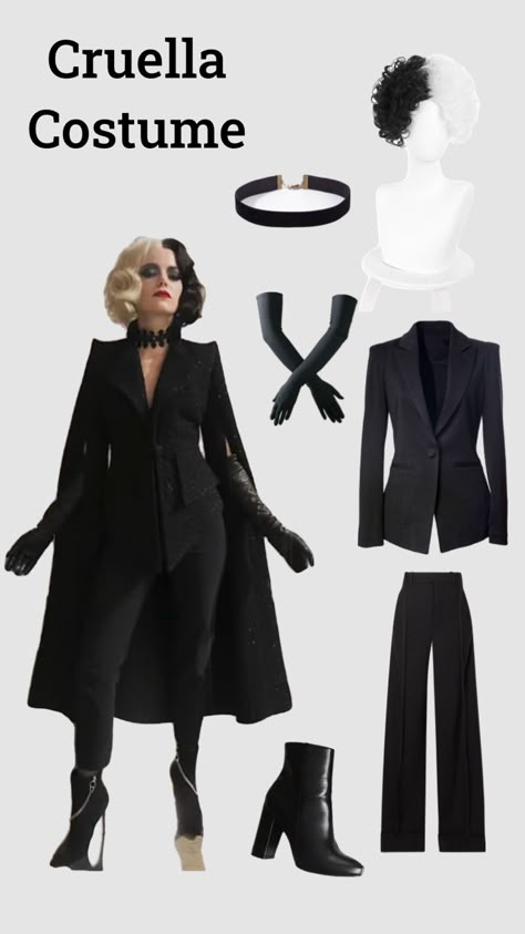 Hollowen Costumes Easy, Cruella Outfits Inspired, Cruella All Outfits, Krewella Deville Costume, Cruella Costume Emma Stone, Cruella 2021 Costume, Cruella Halloween Costumes Women, Emma Stone Cruella Costume, Cruela Halloween Costumes