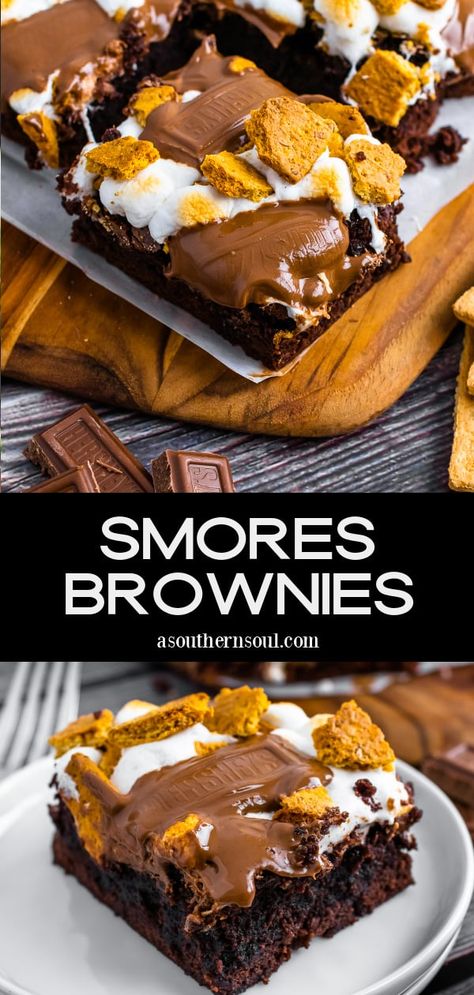 S’mores Brownies Recipe Easy, S'more Brownies, S’more Brownie Bars, Brownie Smores Recipe, S’more Brownies, S’more Dessert, Brownie Dessert Recipes, Camping Treats, Ghirardelli Brownie Mix