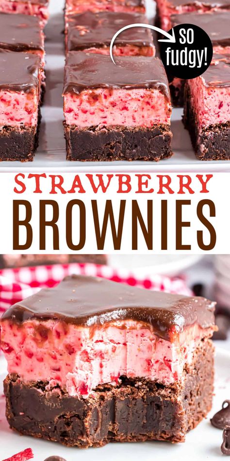 Strawberry Brownie Knomes, Chocolate Covered Strawberry Brownies Recipe, Brownies With Strawberry Frosting, Strawberry Desserts Chocolate, Strawberry Cream Brownies, Strawberry Cream Cheese Brownies, Strawberry Chocolate Brownies, Brownie Flavors Ideas, Chocolate Covered Strawberry Brownies