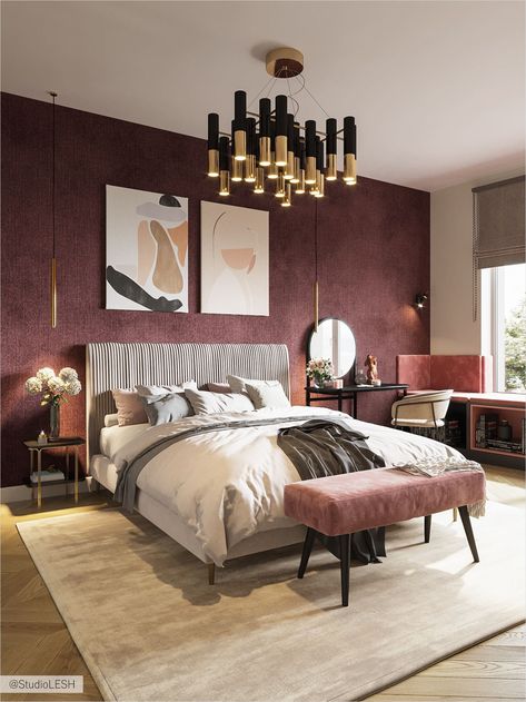 Burgundy Wallpaper Bedroom, Rose And Burgundy Bedroom, Maroon Accent Wall Bedroom, Red Headboard Bedroom, Bedroom Ideas Burgundy, 3d Wall Bedroom, Burgundy Room Ideas Bedrooms, Burgundy Bedroom Walls, Burgundy Bedroom Decor