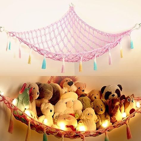 Stuffed Animal Storage:Patent Pending,The toy net hammock set include 1 piece of woven toy hammock, 1 piece of battery-powered LED string light and some pieces of hanging hooks. click for more details Stuffed Animal Displays, Stuffed Animal Net, Net Hammock, Stuffed Animal Hammock, Hanging Net, Toy Net, Toy Storage Organizer, Boho Kids Room, Toy Hammock