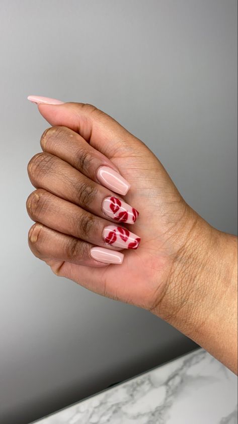 Nude acrylic nails with red lip accents Acrylic nails, nude nails, flame nails, summer nails, nail art, coffin nude nails, coffin flame nails, acrylic nail art, simple nail art, summer nail designs, lip nails, coffin acrylic nails Red Kiss Nail Designs, Red Lip Nails Design, Valentines Lips Nails, Red Nails With Kisses, Nail Designs Kisses, Lip Nails Art, Valentines Nails Kisses, Red Lip Nails, Valentines Day Nails Lips