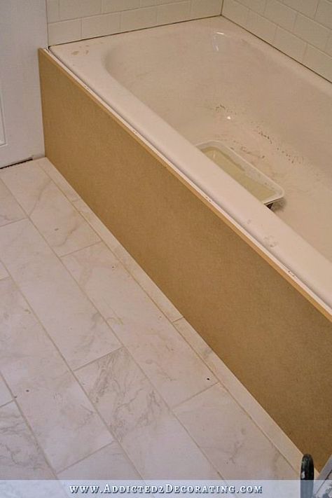 build a DIY tub skirt - step 3 - cover the frame with a solid piece of MDF or plywood Bathtub Skirts, Tub Skirt Ideas, Diy Tub Skirt, Bathtub Skirt, Tub Skirt, Diy Tub, Bathtub Makeover, Bathroom Rehab, Bathtub Wall