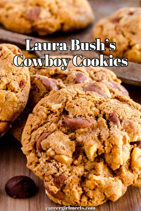 OMG, this famous, award-winning Laura Bush Cowboy Cookies recipe is the BEST cookie I've ever tasted! These cookies are giant so feel free to do the half batch/recipe or freeze the cookie balls and bake some later in the air fryer. These Texas cookies hit the spot with a ton of tasty ingredients. Southern Living featured this same recipe. You may want to print the recipe because there are so many ingredients (printable) and keep. These cookies give a taste of home you won't forget.

// coconut / Laura Bushs Cowboy Cookies, Busken Bakery Cookies Recipe, Laura Bush's Cowboy Cookies Recipe, Barbra Bush Cowboy Cookies, Barbara Bush Chocolate Chip Cookies, Cowboy Cookies Recipe Laura Bush, Laura Bush Cookies, Jimmy Buffett Cookies, Large Batch Cookies Recipe