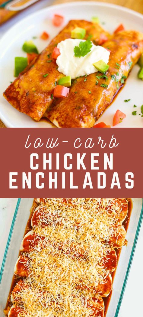 This keto and low carb chicken enchilada recipe is made with low carb enchilada sauce, shredded chicken, and green chilis. Top it with melted cheese, sour cream, and avocado for the perfect keto enchilada! keto mexican dinner | low carb mexican dinner dishes Low Carb Mexican Dishes, Keto Recipes Using Shredded Chicken, Low Carb Smothered Chicken, Low Fat Chicken Enchiladas, Low Carb Green Chili Chicken Enchiladas, High Protein Chicken Enchiladas, Low Carb Shredded Chicken Recipes, Low Carb Enchilada Casserole, Keto Shredded Chicken Recipes