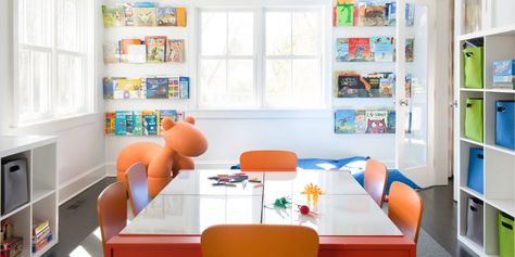 How to Create a Productive Learning Area for Your Clients’ Kids | Architectural Digest Kids Book Storage, Book Ledge, Homework Room, Homework Station, Orange Chair, Acrylic Shelf, Interior Remodel, Unique Interior Design, Style Deco