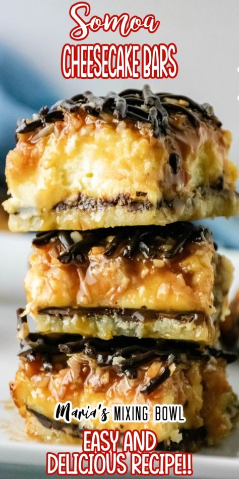 Samoas Cookie Cheesecake, Hawaiian Cheesecake Bars, Samoa Cheesecake Recipe, Samoa Dessert, 13x9 Desserts, Samoa Cake, Samoa Cheesecake, Dark Chocolate Sauce, Cheesecake Ideas