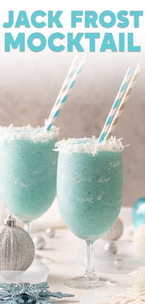 This easy and delicious non-alcoholic Jack Frost Mocktail lets everyone enjoy a Jack Frost winter drink prepared with simple ingredients! Magic Snow Recipe, Winter Onederland Drink Ideas, Jack Frost Winter Mocktail, Teal Mocktails, Winter Wonderland Mock Tails, Winter Party Drinks Nonalcoholic, Milk Cocktail Recipes, Coconut Cream Mocktail Recipe, Christmas Frozen Drinks