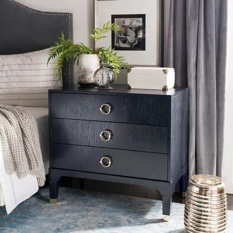 SAFAVIEH Lorna Navy 3-drawer Night Stand - On Sale - Bed Bath & Beyond - 21185479 Dresser And Nightstand, Blue Nightstands, Bedside Furniture, Three Drawer Nightstand, Rustic Nightstand, Contemporary Nightstand, Add Storage, 3 Drawer Nightstand, Wood Dresser