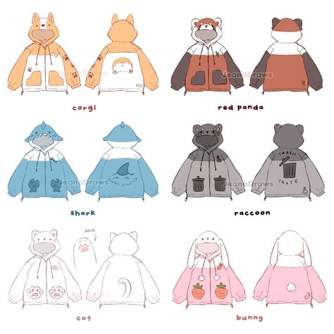 Hoodie Design Reference, Animal Hoodie Drawing, Anime Hoodie Outfit Drawing, Chibi Hoodie Reference, Cute Hoodie Drawing, Cute Animal Hoodies, Character Hoodie Design, Hoodie Design Ideas Drawing, Cute Clothes Design Drawing