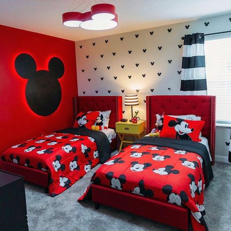 Interior Design | Kids Decor on Instagram: “All about Mickey Mouse!!❤️🖤 Credit to @angelaherreradesign” Mickey Mouse Kids Room, Mickey Mouse Bedroom Decor, Mickey Mouse Room Decor, Minnie Mouse Room Decor, Mickey Mouse Bedding, Minnie Mouse Bedroom, Mickey Mouse Room, Mickey Mouse Bedroom, Casa Disney