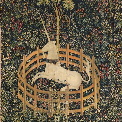 Did you know “The Unicorn in Captivity,” on view at #TheCloisters museum and gardens, was featured in “Harry Potter and the Half Blood Prince”? The Unicorn in Captivity (from the Unicorn Tapestries), 1495–1505. South Netherlandish. #metmuseum #BacktoHogwarts #HarryPotter #Hogwarts Unicorn In Captivity, Medieval Symbols, Unicorn Tapestry, Unicorn Tapestries, Unicorn Cross Stitch Pattern, Medieval Music, Chasing Unicorns, Medieval Tapestry, Last Unicorn