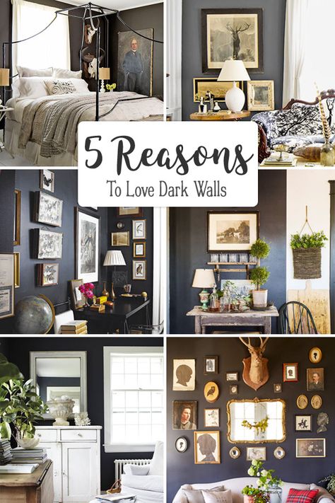 With the right accents, dark walls can make a space feel cozy, sophisticated, and authentic. And they're not just for modern spaces! They can be a right at home in a rustic or traditional setting. #farmhouse #farmhousestyle #fixerupper #darkinteriors #darkwalls #blackwalls Decorating Dark Walls, Living Room Dark Walls, Dark Painted Walls, Dark Farmhouse, Farmhouse Dark, Dark Walls Living Room, Dark Brown Walls, Dark Accent Walls, Charcoal Walls