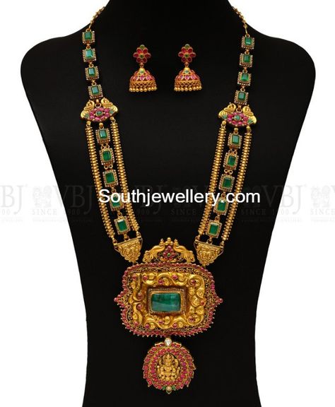 Ruby Emerald Haram with Nakshi Pendant Nakshi Pendant, Emerald Haram, Vummidi Bangaru Jewellers, Antique Turquoise Jewelry, 22 Carat Gold Jewellery, Gold Temple Jewellery, Antique Necklaces Design, Antique Gold Jewelry Indian, Gold Necklace Indian