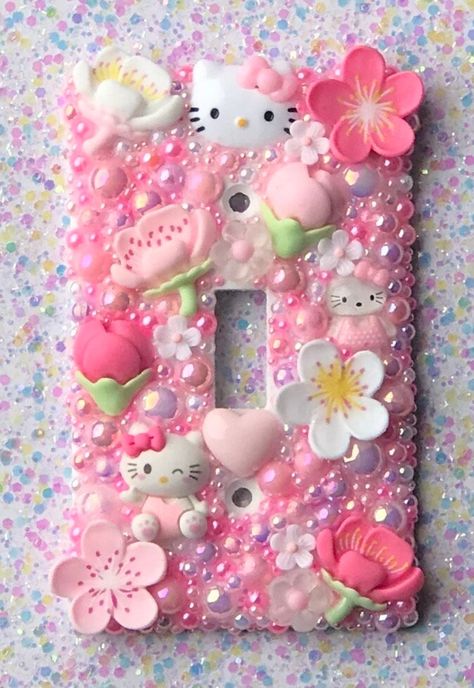 These are samples of ones that have been sold, but I can make a similar one for you!😊 💕 Super cute, and full of pastel cherry blossoms  and Kawaii cuties, this light switch cover would make a great addition to any room! Each cover is handmade and unique.  Because of the small pieces, these covers are not recommended for children under five. Thanks for looking Kawaii, Hello Kitty Projects, Sanrio Crafts, Decoracion Hello Kitty, Baddie Room, Kitty House, Hello Kitty Room Decor, Hello Kitty Decorations, Hello Kitty Bedroom