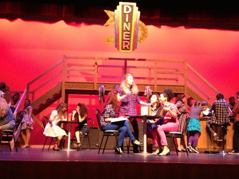 Diner sign on stage for 'Footloose' - I've seen similar sets work so well for so many productions. Footloose The Musical, Footloose Costumes, Footloose Musical, Musical Set Design, Grease Themed Parties, Theater Sets, Grease Party, Chicago Musical, Theatre Ideas