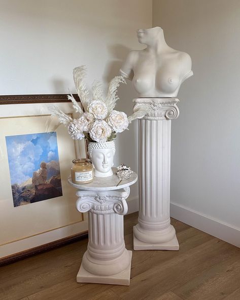 Our products in photo shoot of paintings @katrinvolkova.ph 📸 Columns 36 Dimensions: 10ʺW × 10ʺL × 36ʺH Goddess Artemis Diana Greek Dimensions columns: 10ʺW × 10ʺL × 19ʺH #HandmadeDecor #HomeDecor #Handcrafted #HandmadeHome #ArtisanDecor #DIYHomeDecor #HandmadeWithLove #HomeAccents #HandmadeGoods #UniqueDecor #aestetic #aestetichome Art Deco Shop Interior, Goddess Home Decor, Greek Mythology Living Room, Greek Goddess Room Aesthetic, Greek Mythology Bedroom, Cheetah Room, Master Vision, Classical Decor, Column Decoration