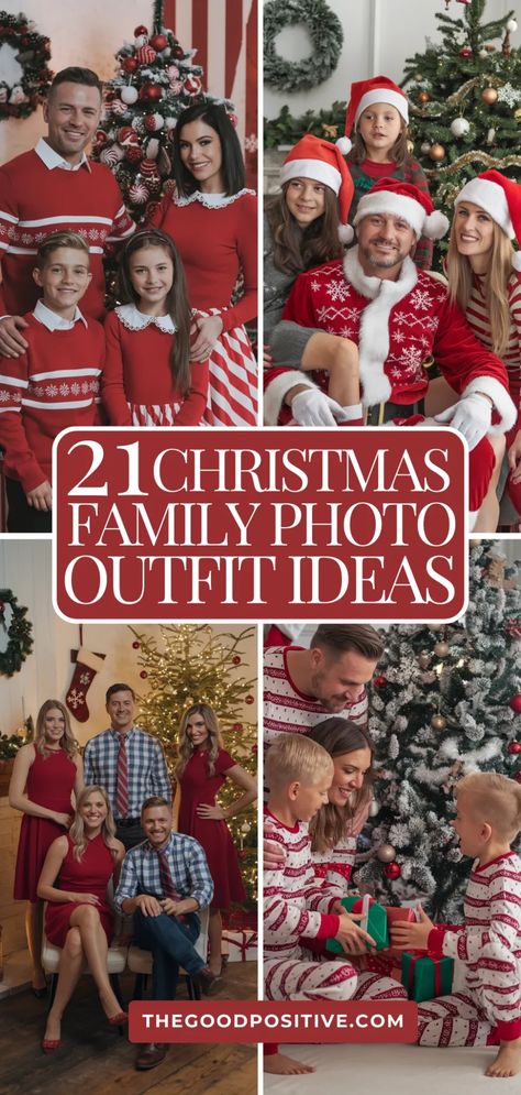 21 Adorable Christmas Family Photo Outfits You Must Try Family Photo With Dog Christmas, Red Sweater Family Pictures, Family Christmas Pictures Theme, Green And Brown Christmas Family Pictures, Christmas Holiday Family Photos, Red Christmas Pictures Family, Family Photo In Front Of Christmas Tree, Santa Hat Family Photos, Ideas For Family Christmas Pictures