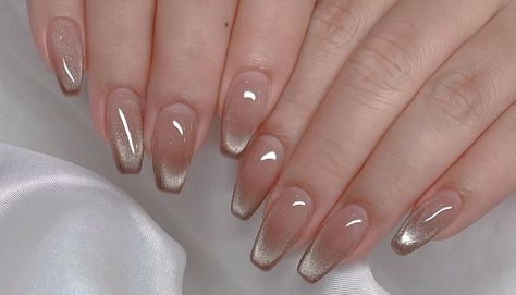 Tan Cat Eye Nails, Underside Nail Art, Taupe Ombre Nails, Cat Eye French Tip Nails Square, Cat Eye Nails Ombre, Clear Cat Eye Nails, Ombré Cateye Nails, Soft Gel Nail Extensions Designs, Square Cat Eye Nails