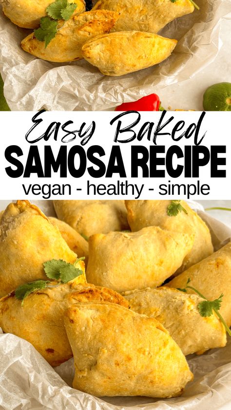 A simple, delicious, and vegan baked samosa recipe for a healthier alternative to traditional samosas. These baked samosas are made with minimal ingredients and are such a delicious Indian snack served with chutneys and other side dishes. A beginner-friendly, must-try samosa recipe! Healthy Samosa Recipe, Baked Samosa Recipe, Samosa Dough, Veg Samosa, Baked Samosa, Easy Samosa Recipes, Vegetable Samosa, Lunch Foods, Potato Filling