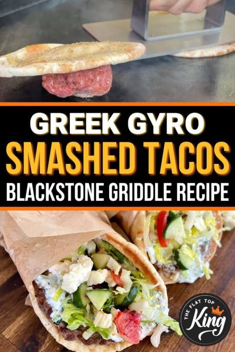 smashed gyro tacos on the Blackstone griddle Blackstone Gyros, Keto Blackstone Recipes, Gyro Tacos, Glamping Meals, Healthy Blackstone Recipes, Keto Blackstone, Healthy Blackstone Griddle Recipes, Healthy Blackstone, Smashed Tacos