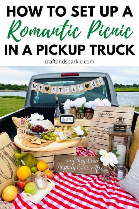 Pickup Truck Picnic Date, Back Of Truck Picnic, Truck Bed Picnic Ideas, Pickup Truck Date Ideas, Pick Up Truck Date Night, Pickup Truck Picnic, Pickup Truck Bed Date Night, Truck Bed Proposal, Truck Bed Date Ideas