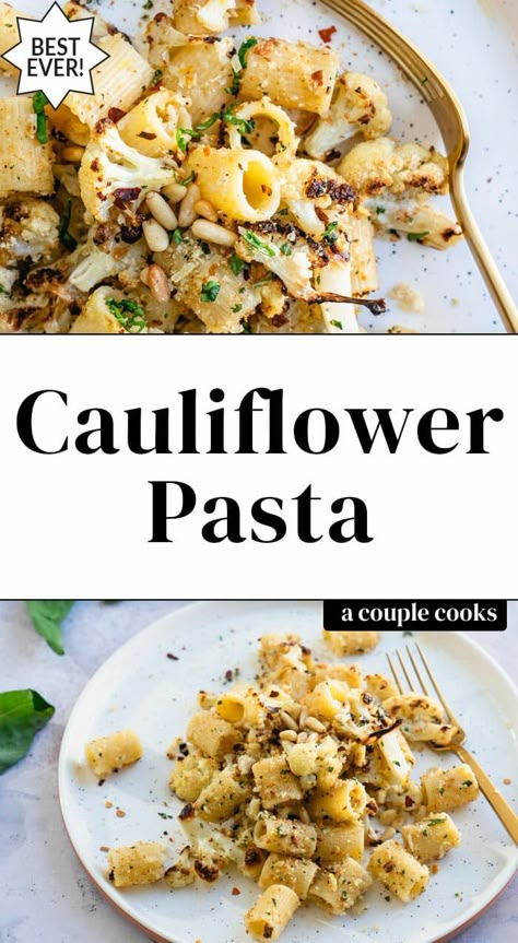 This cauliflower pasta is loaded with flavor, packed with caramelized roasted cauliflower, Parmesan cheese, and fresh basil! #cauliflower #cauliflowerpasta #roastedcauliflower #pasta #vegetarianpasta #italian #italianpasta Roasted Cauliflower Pasta, Cauliflower Pasta Recipes, Roasted Eggplant Pasta, Cauliflower Parmesan, Fennel And Orange Salad, Vegan Brunch Recipes, Cauliflower Pasta, Winter Salad Recipes, Salad Dressing Recipes Healthy