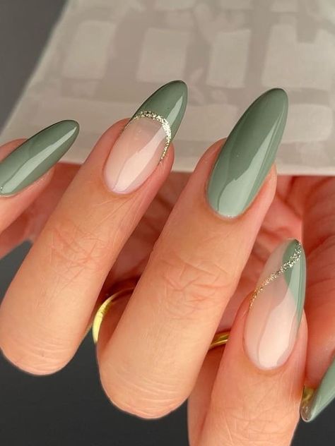 sage green nails with French tips Money Green Nails Designs, Partial French Tip Nails, Solid And French Tip Nails, Spring Nails 2023 Green, Save Green Nails, Dip Spring Nails, One Nail Art, Almond Nails Nail Art, Green Acrylic Nails