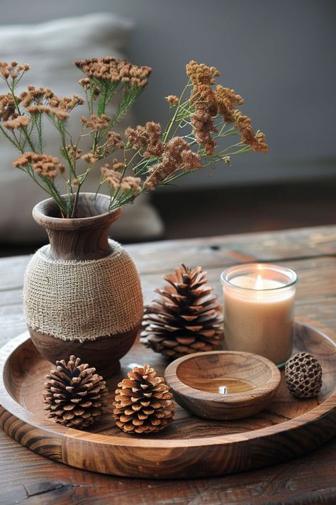 rustic coffee table tray decor Styling Round Tray On Coffee Table, Coffee Table Fall Decor Tray, Round Table Tray Decor Ideas, Styling Ottoman Coffee Table Trays, Round Coffee Table Centerpiece Ideas, Round Ottoman Tray Decor Ideas, Round Table Decor Living Room, Living Room Center Table Decoration, Boho Coffee Table Decor Ideas