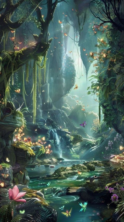 Fantasy Landmarks, Fantasy Forest Landscape, Simple Cute Hairstyles, Magic Places Fantasy Dreams, Enchanting Wallpaper, Forest Paintings, Wonderland Wallpaper, Fantasy Wallpaper, Enchanting Forest