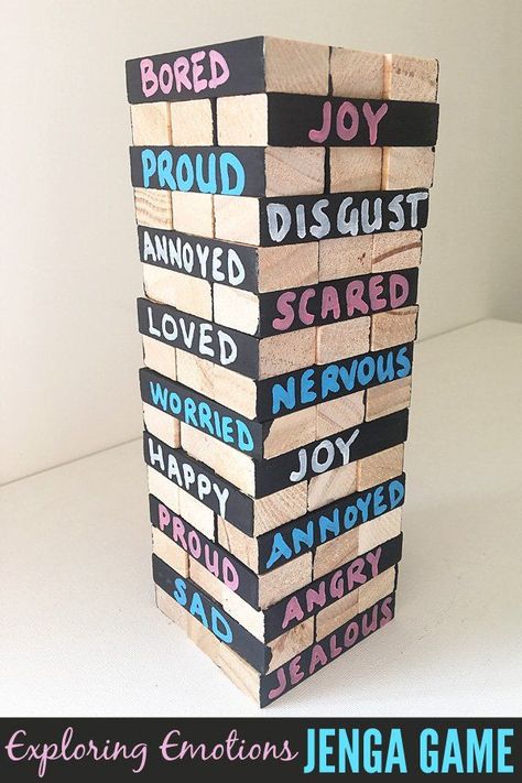 Exploring Emotions Jenga Game: Help children learn to identify big emotions and their triggers with this fun twist on the game of Jenga. Emotions Jenga, Emotional Literacy Activities, Teach Feelings, Therapeutic Games, Emotions Game, Play Therapy Activities, Feelings Games, Counseling Games, Jenga Game