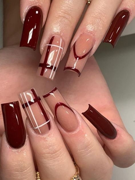 Groovy Nails, Thanksgiving Nails Design Fall, Maroon Nail Designs, Burgundy Acrylic Nails, Maroon Nails, 2024 Nails, Square Nail Designs, Cute Nails For Fall, Plaid Nails