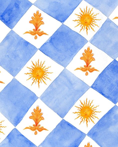 Loved creating this Sicilian inspired watercolour pattern after my recent trip to Sicily! I had so much fun painting different versions of the sicilian sun emblem but this one was by far my favourite. Mediterranean Typography, Watercolour Branding, Sicilian Pattern, Sicilian Design, Sicilian Print, Sicilian Aesthetic, Sicily Art, Sun Emblem, Sicilian Ceramics