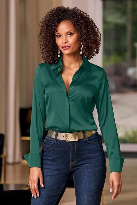 Our silky charmeuse blouse enhances the look of any outfit with its soft sheen and elegant tailoring. This versatile button-up shirt pairs flawlessly with everything from topping denim jeans to a layering essential under blazers, while offering luxurious comfort and ease. | Boston Proper - Deep Emerald Green - Sophia Button-Up Charmeuse Blouse - 2 Bottle Green Top Outfit With Jeans, How To Mix Prints, Bright Business Casual, Emerald Green Winter Outfit, Emerald Green Outfit Ideas Casual, Navy Top Outfit Work, Green Silk Top Outfit, Jewel Tone Wardrobe, Outfits With Jeans For Work