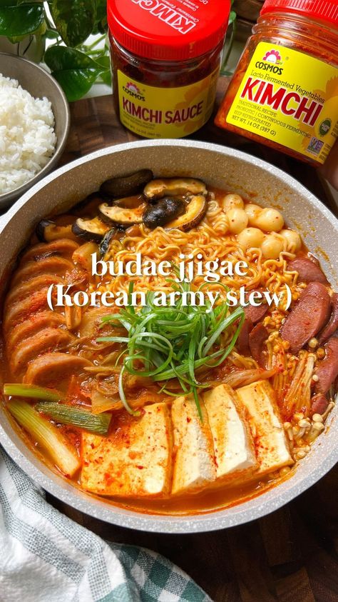 smelly.lunchbox on Instagram: 🍲🔥 Savory, spicy budae jjigae (Korean army stew) is one of my all-time favorite Korean-American comfort foods! This popular and simple… Ramen Ideas, Korean Army Stew, Kimchi Sauce, Tofu Baked, Korean Stew, Budae Jjigae, Korean Army, Enoki Mushrooms, Fermented Kimchi